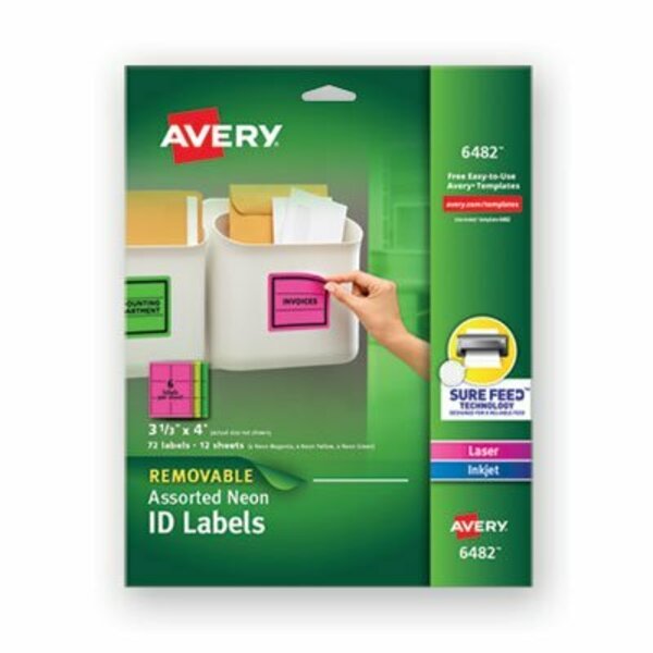 Avery Dennison Avery, HIGH-VIS REMOVABLE LASER/INKJET ID LABELS W/ SURE FEED, 3 1/3 X 4, NEON, 72PK 6482